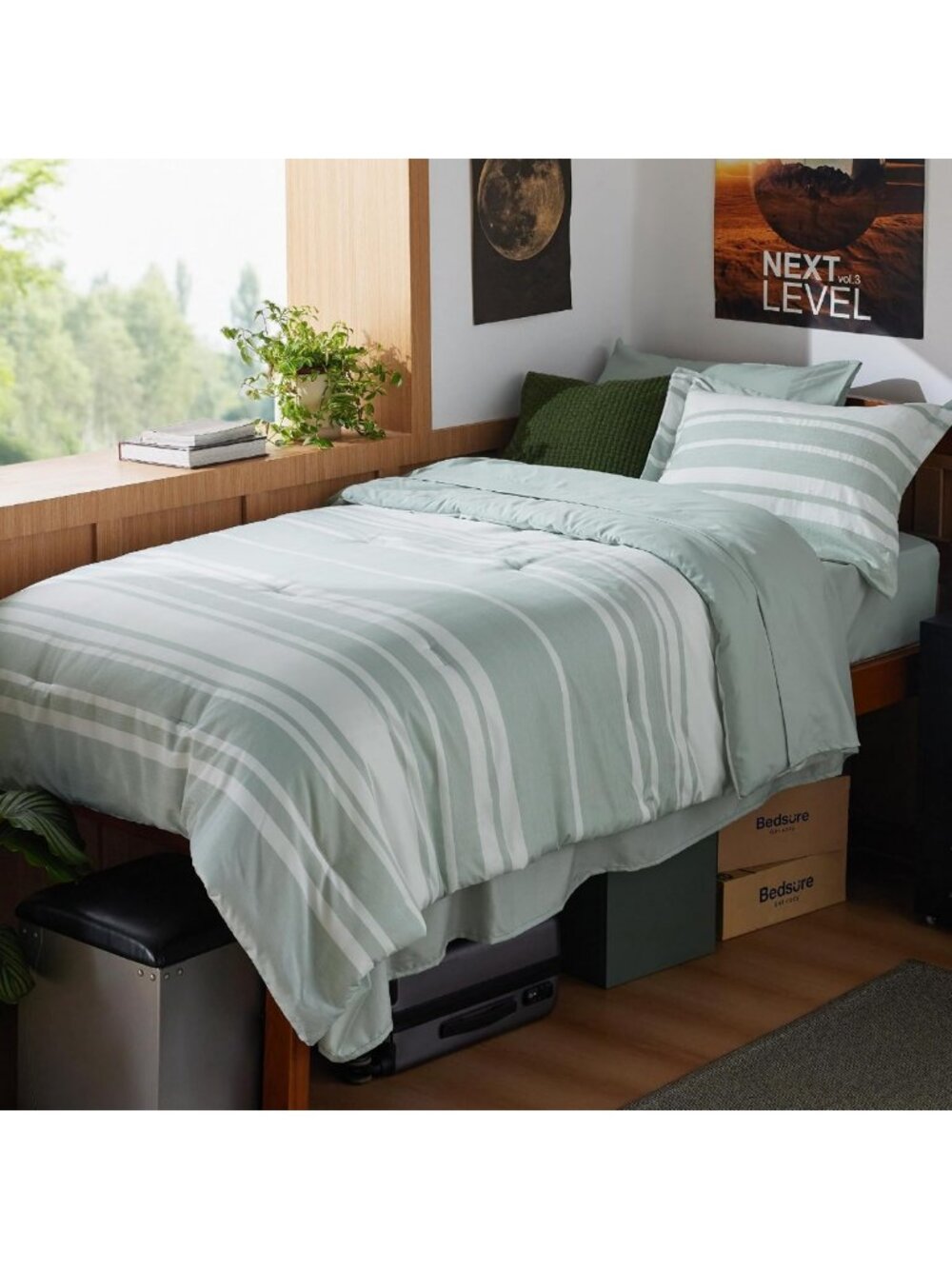 Cozy Twin-XL 5-Piece Comforter Set, Sage Green Striped & Reversible Bedding